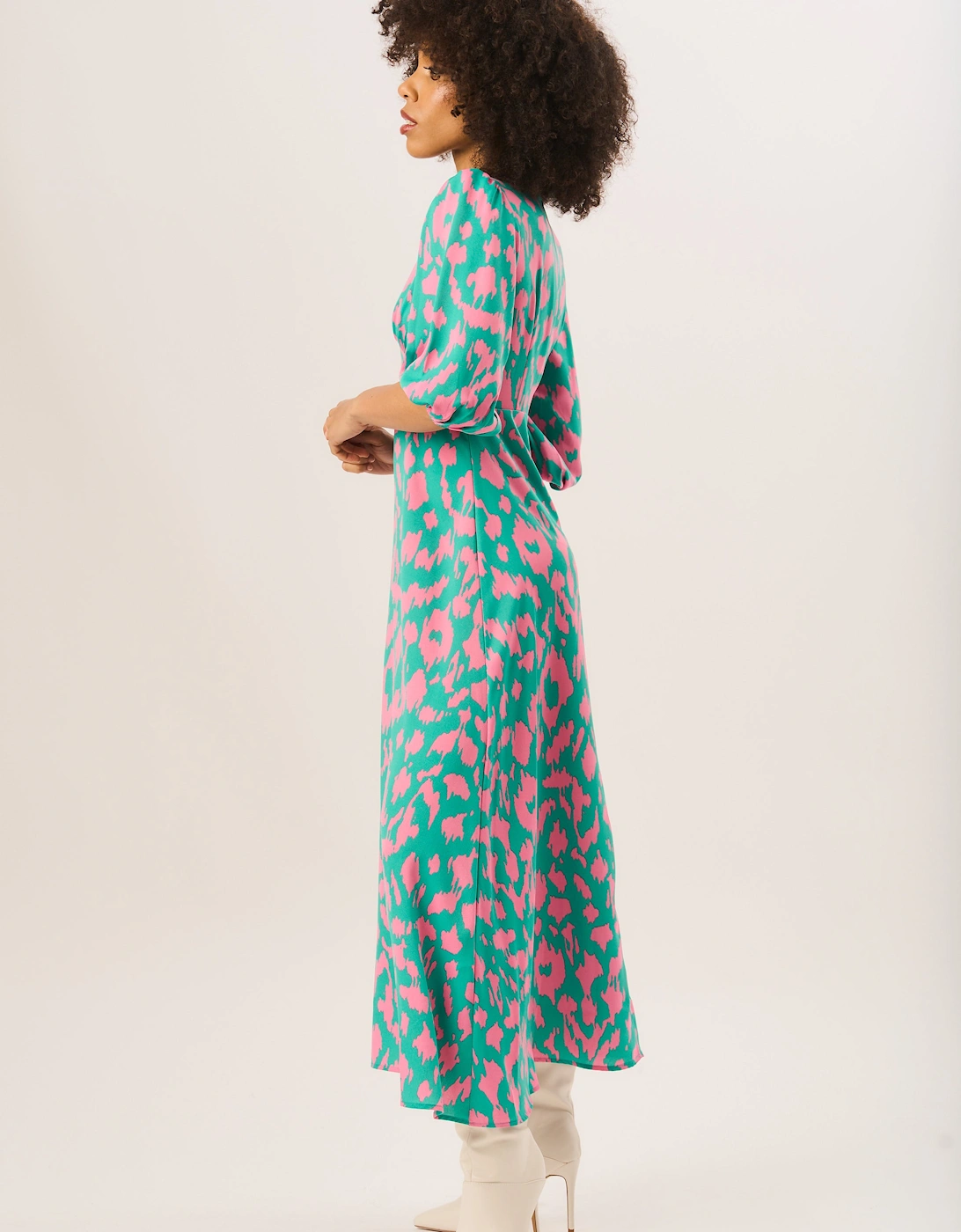 Green Animal Print V Neck Shift Midi Dress