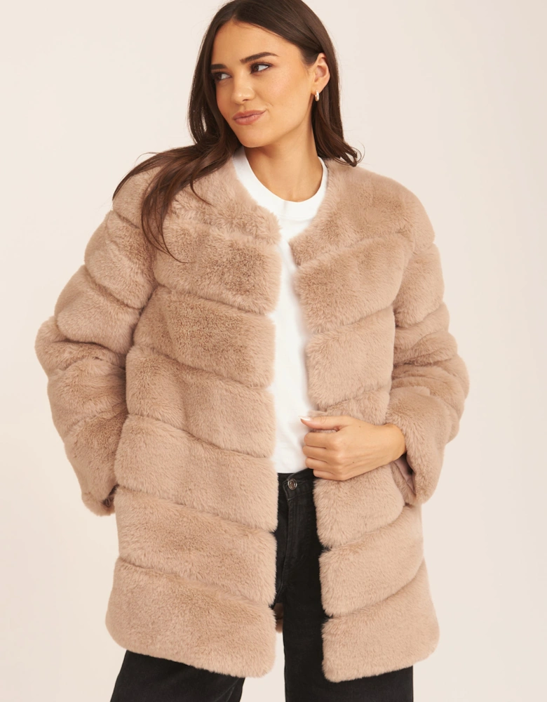 Mink Brown Diagonal Cut Faux Fur Long Sleeve Jacket