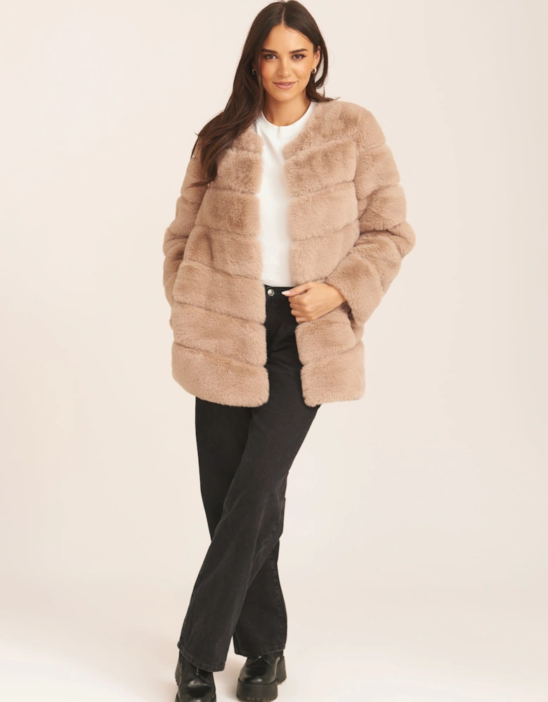 Mink Brown Diagonal Cut Faux Fur Long Sleeve Jacket