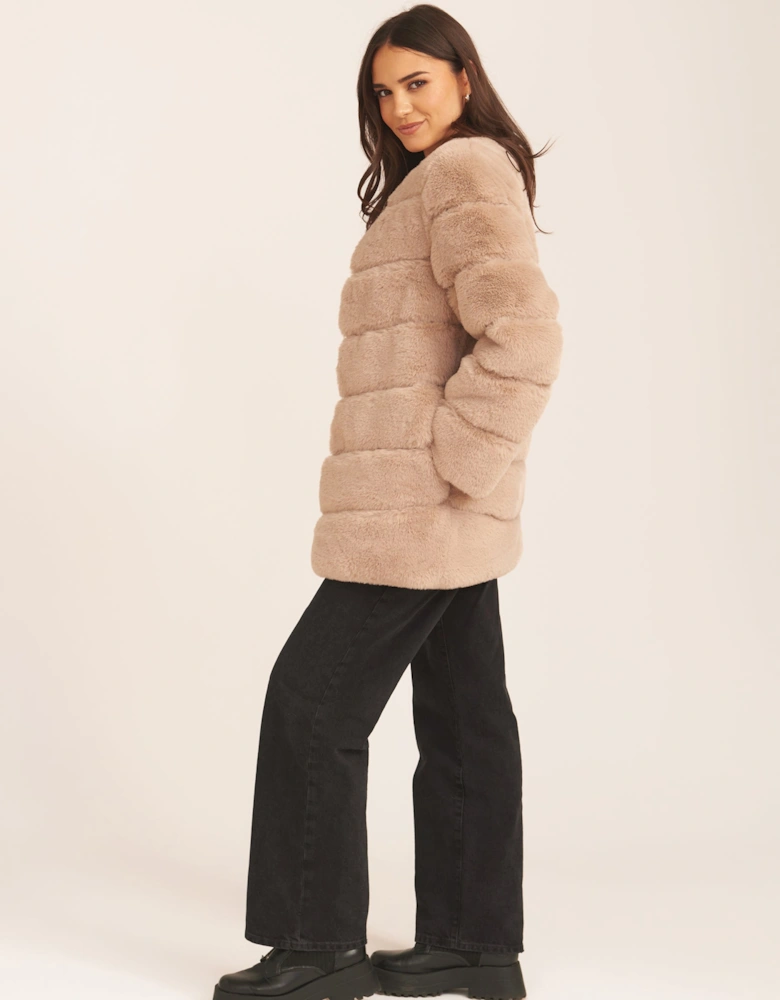 Mink Brown Diagonal Cut Faux Fur Long Sleeve Jacket