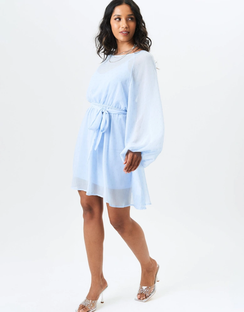 Blue Long Sleeve Chiffon Foil Mini Dress