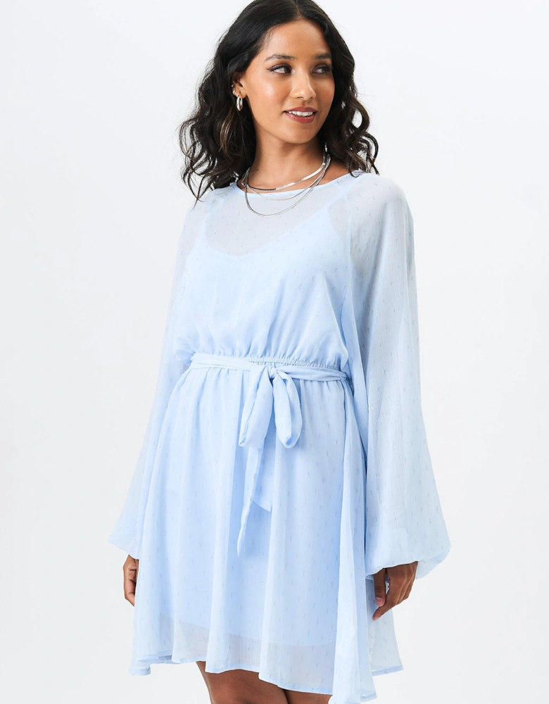 Blue Long Sleeve Chiffon Foil Mini Dress