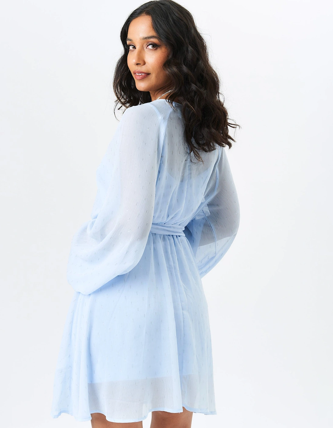 Blue Long Sleeve Chiffon Foil Mini Dress