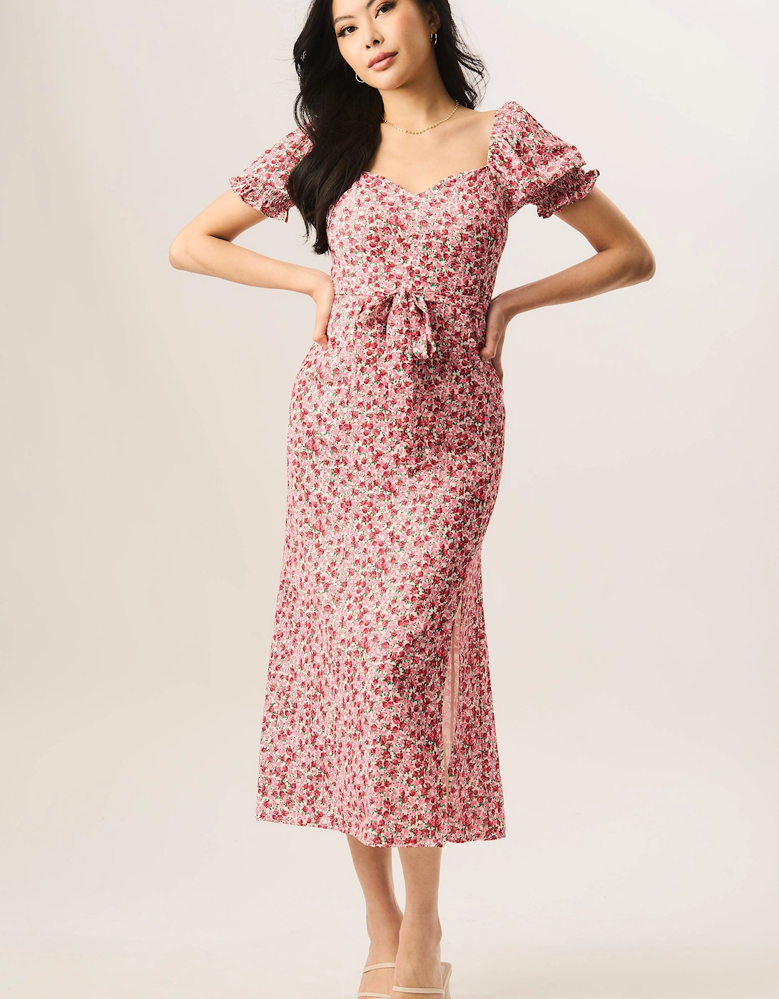 Red Ditsy Rose Print Belted Midi Dress