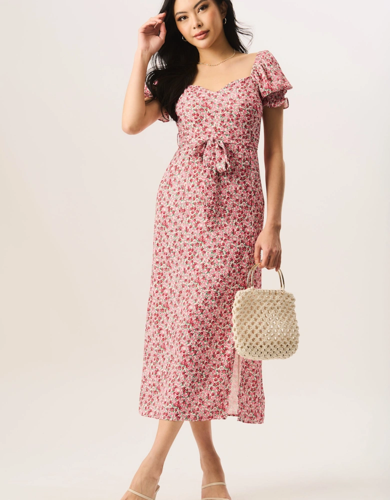 Red Ditsy Rose Print Belted Midi Dress