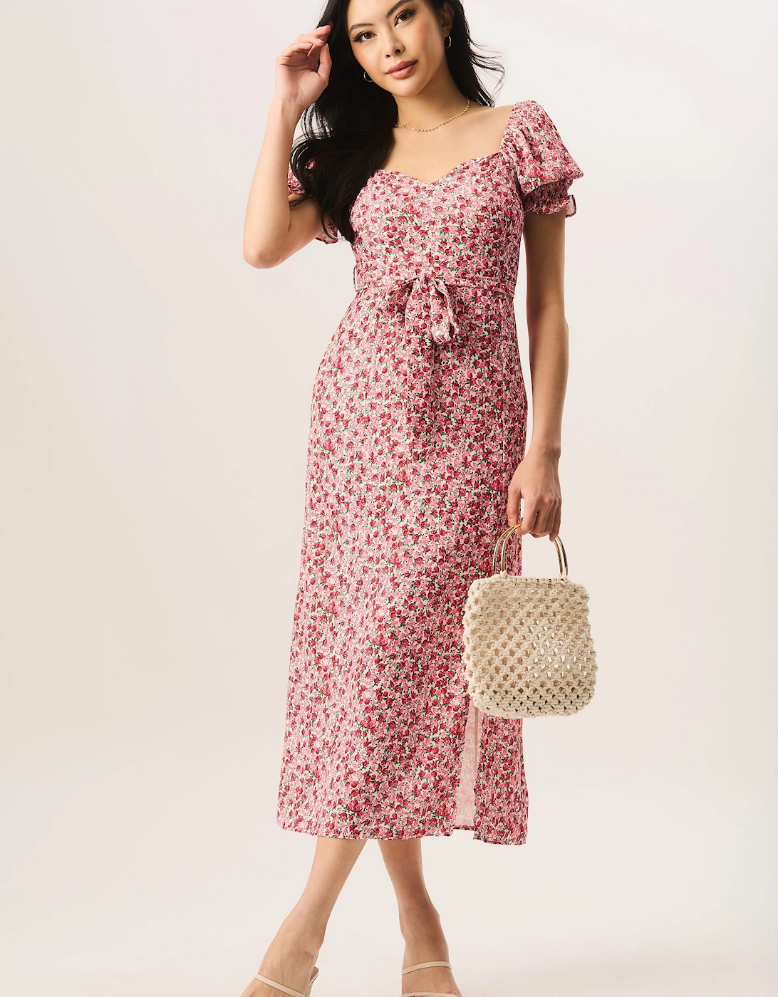 Red Ditsy Rose Print Belted Midi Dress, 5 of 4