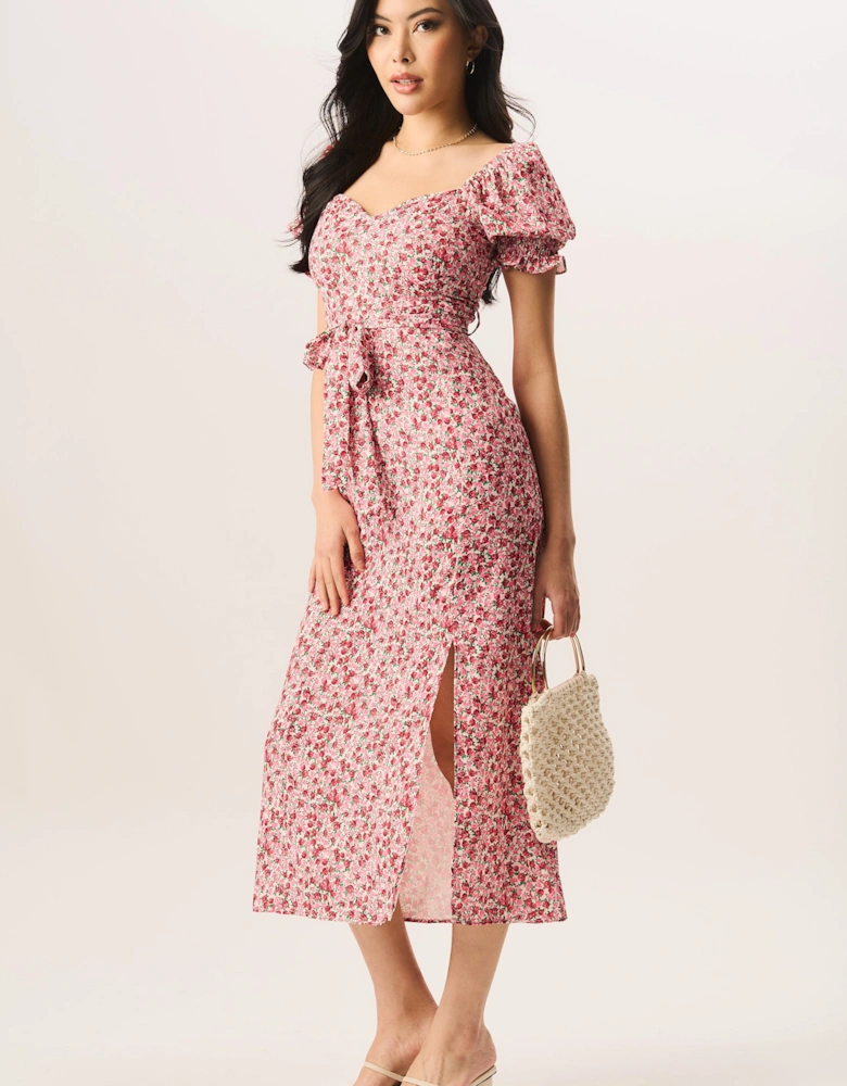 Red Ditsy Rose Print Belted Midi Dress