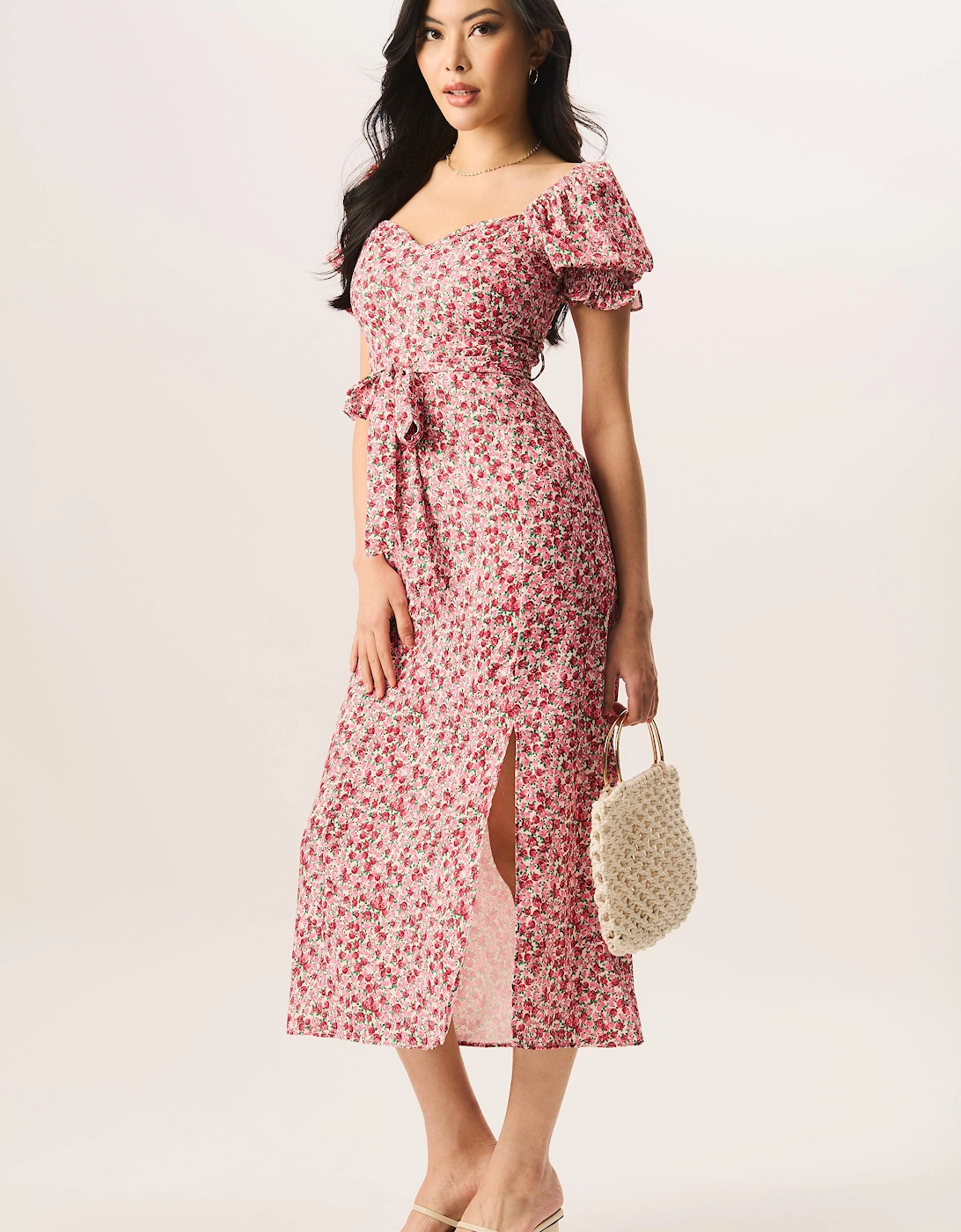 Red Ditsy Rose Print Belted Midi Dress