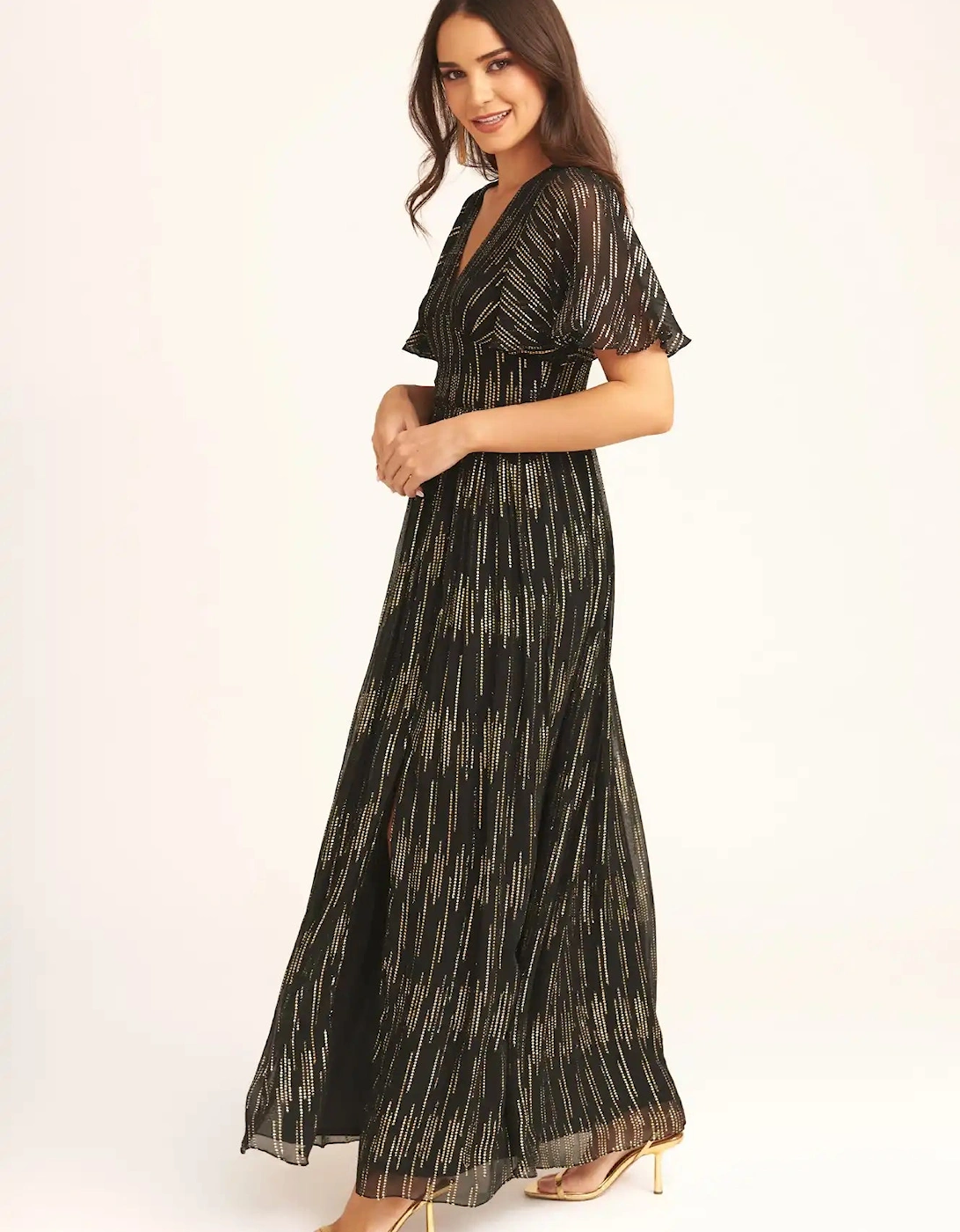 Black Stripe Foil Angel Sleeves Maxi Dress