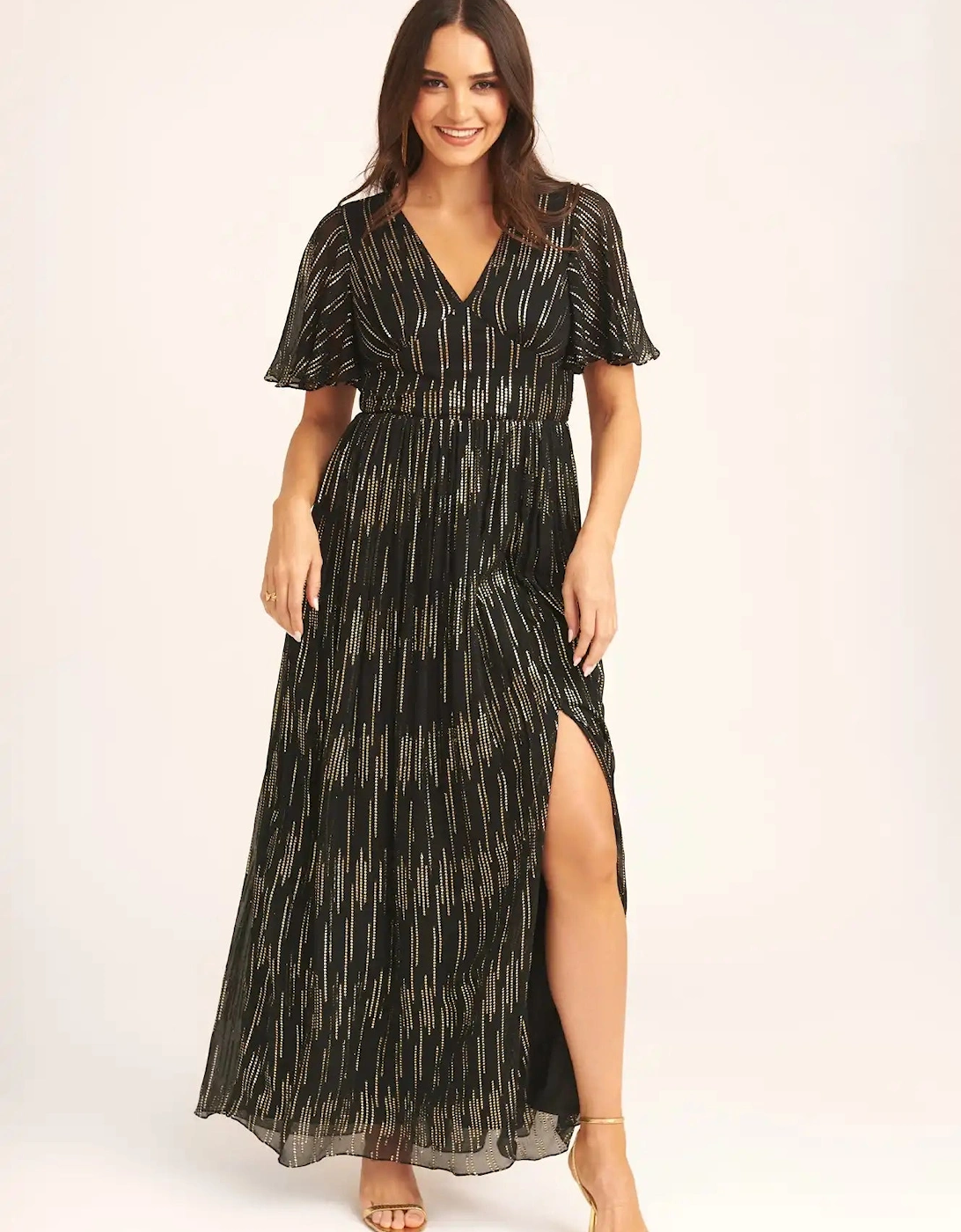 Gini London Women's Black Stripe Foil Angel Sleeves Maxi Dress - Size: 10