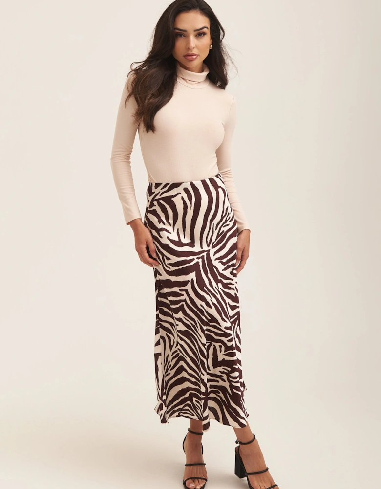 Chocolate Animal Print Satin Bias Cut Midi Skirt