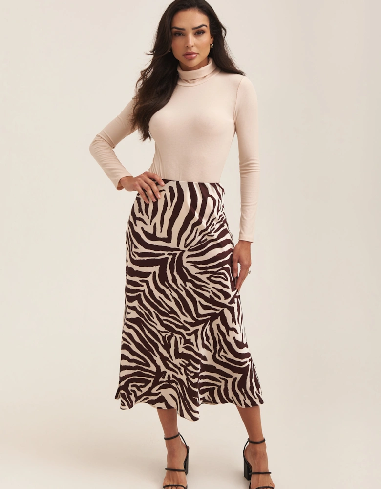 Chocolate Animal Print Satin Bias Cut Midi Skirt