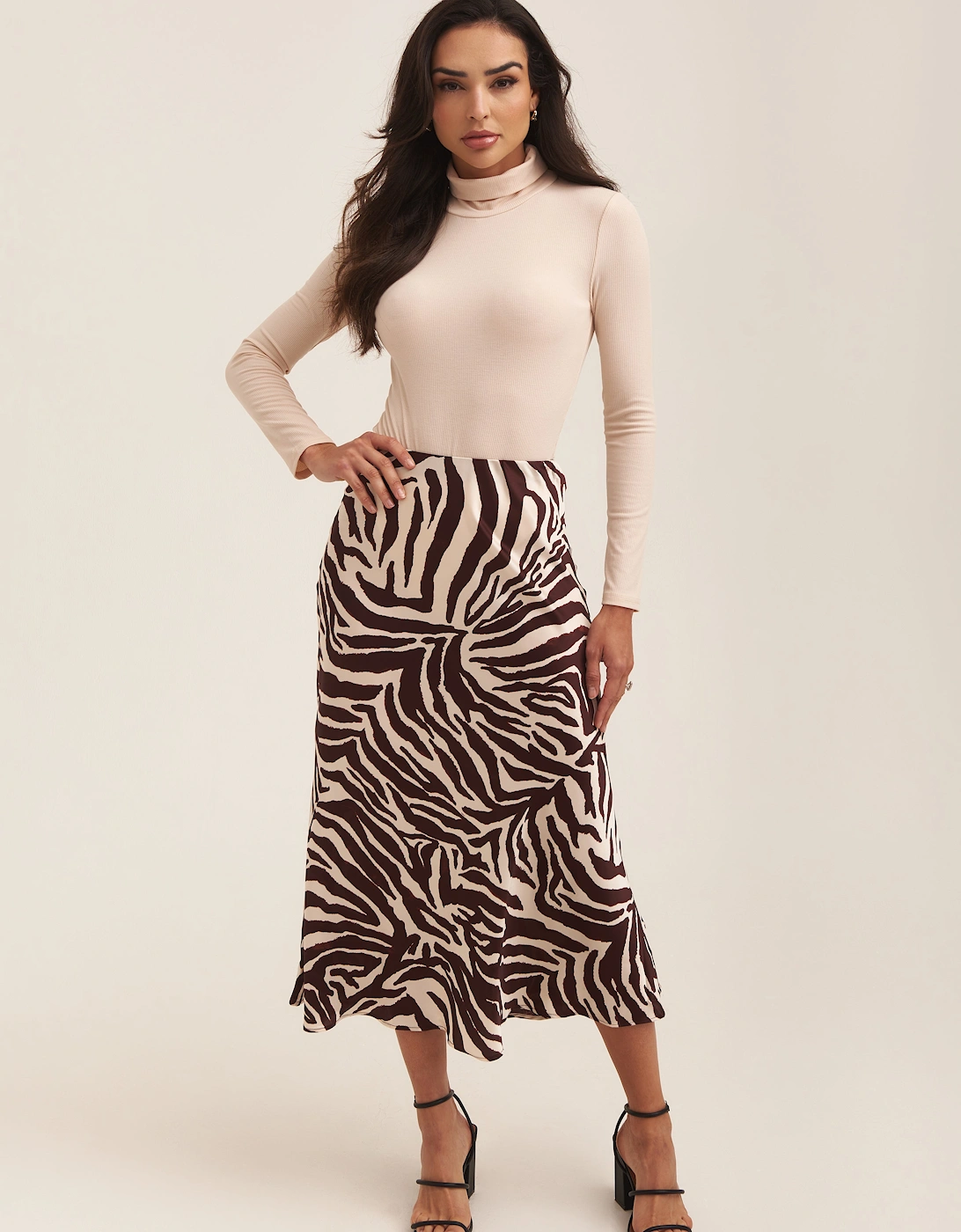 Chocolate Animal Print Satin Bias Cut Midi Skirt