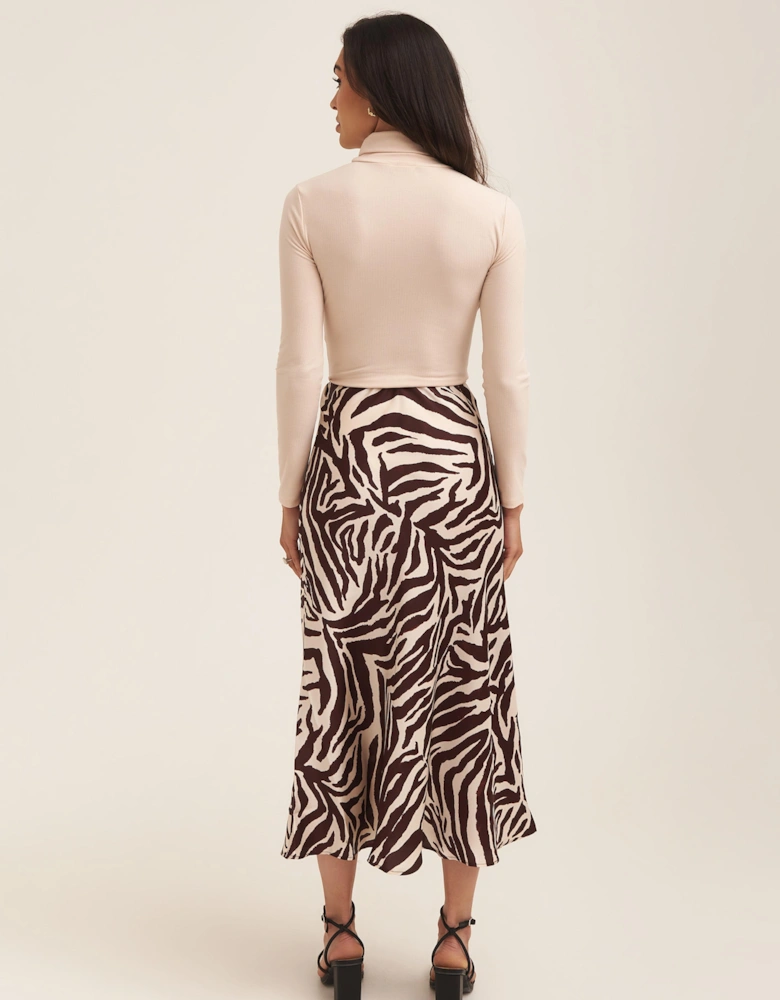 Chocolate Animal Print Satin Bias Cut Midi Skirt