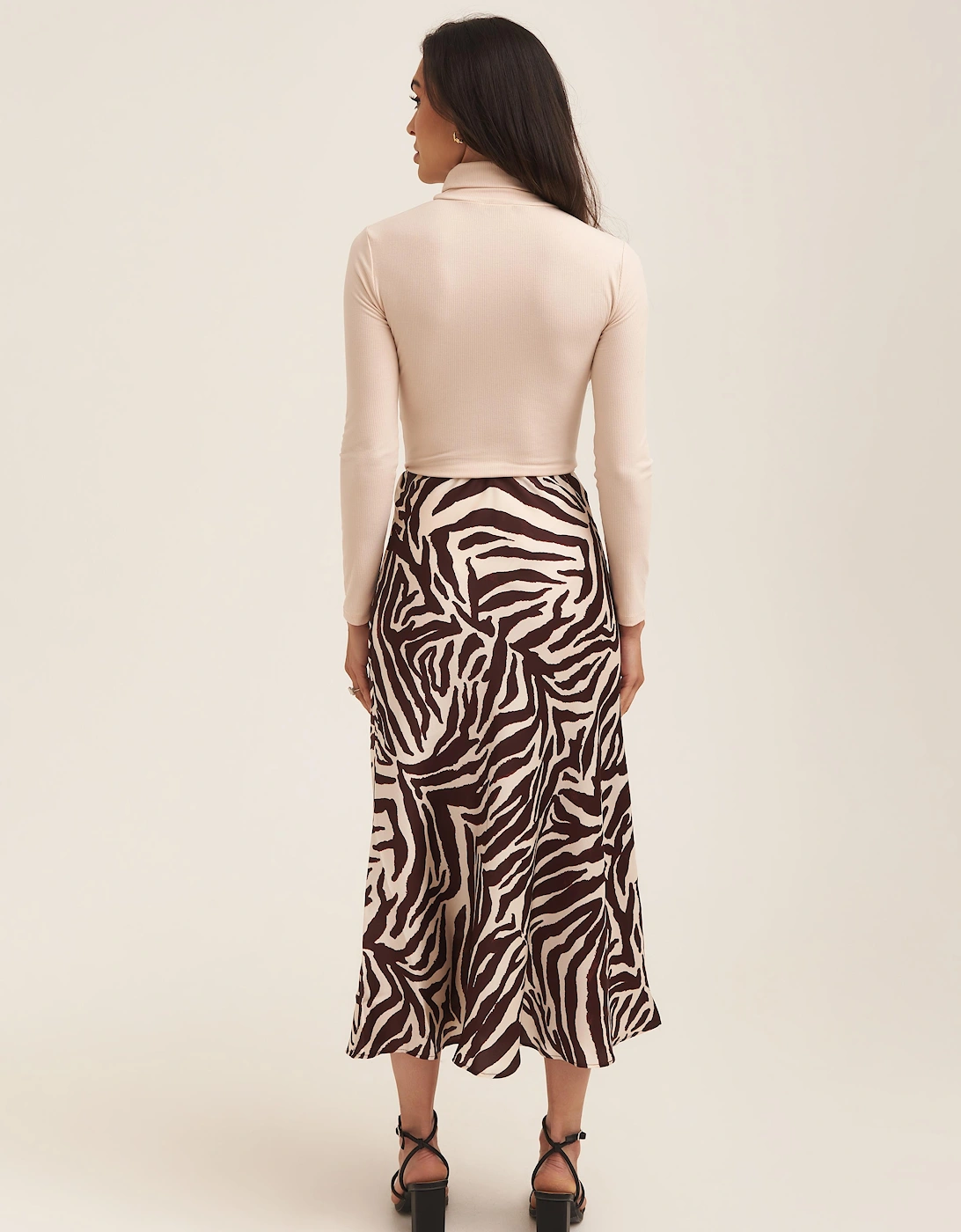Chocolate Animal Print Satin Bias Cut Midi Skirt
