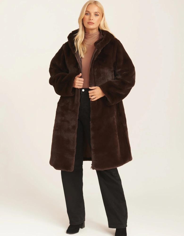 Chocolate Faux Fur Hooded Longline Coat