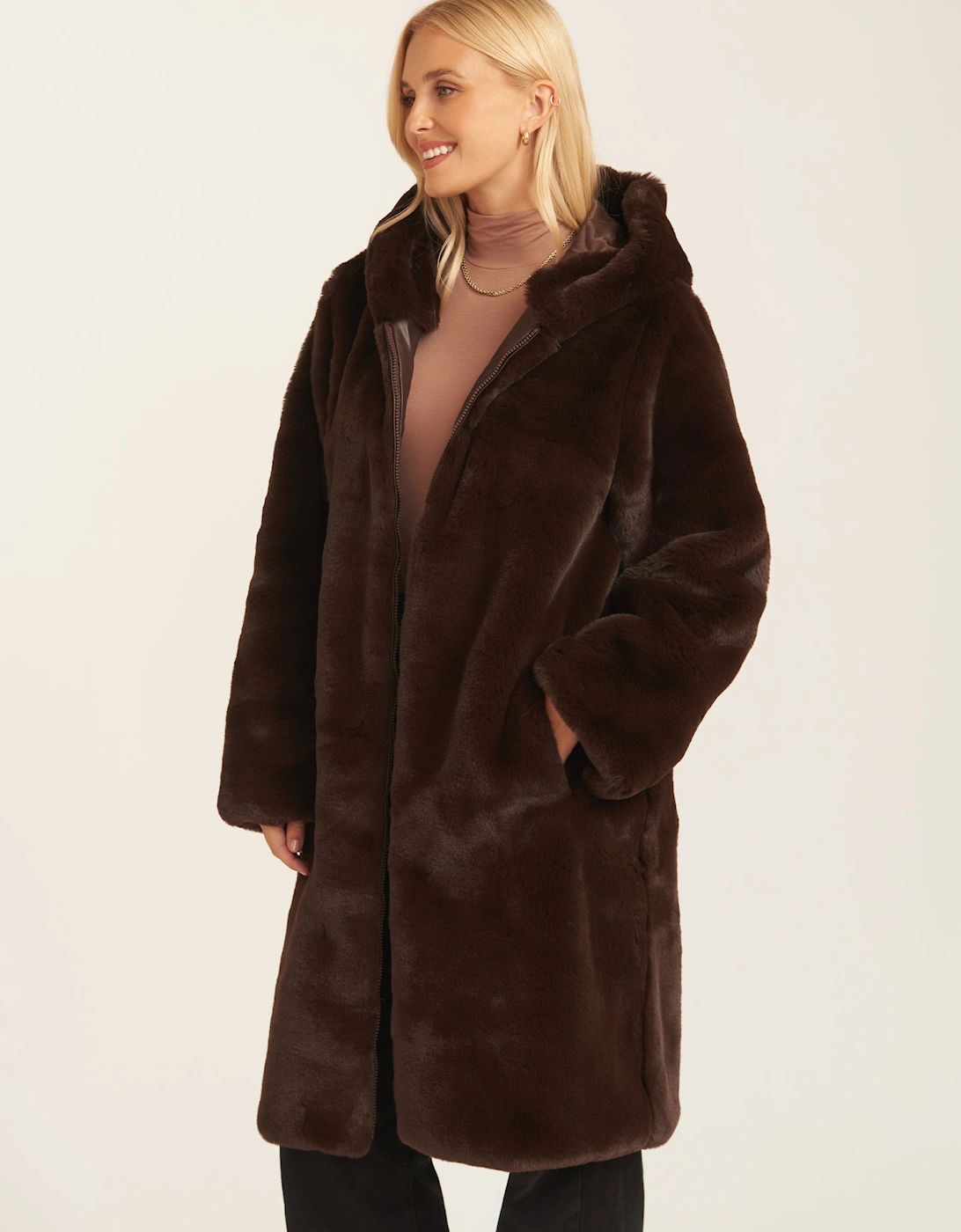 Chocolate Faux Fur Hooded Longline Coat