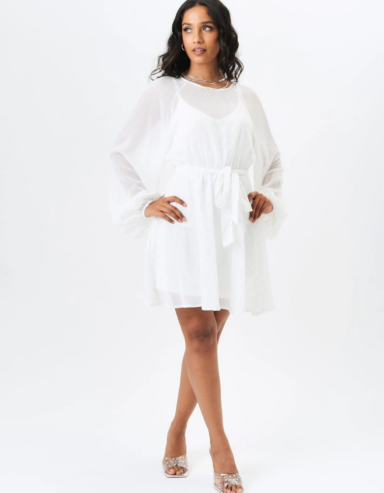 Ivory Long Sleeve Chiffon Foil Mini Dress