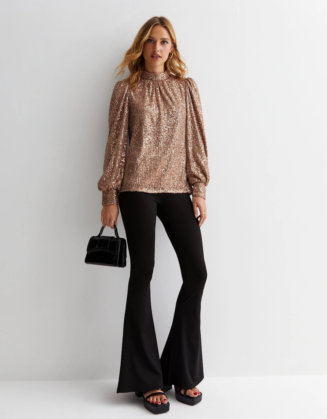 Mink Brown Sequin High Neck Loosefit Blouse