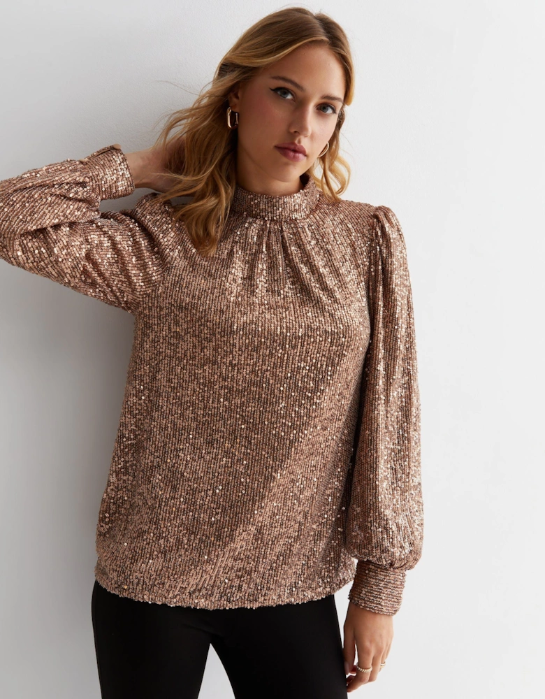 Mink Brown Sequin High Neck Loosefit Blouse