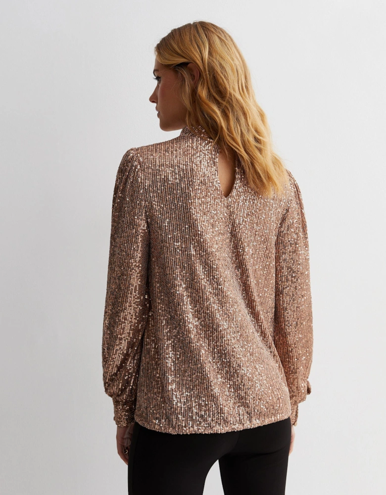 Mink Brown Sequin High Neck Loosefit Blouse