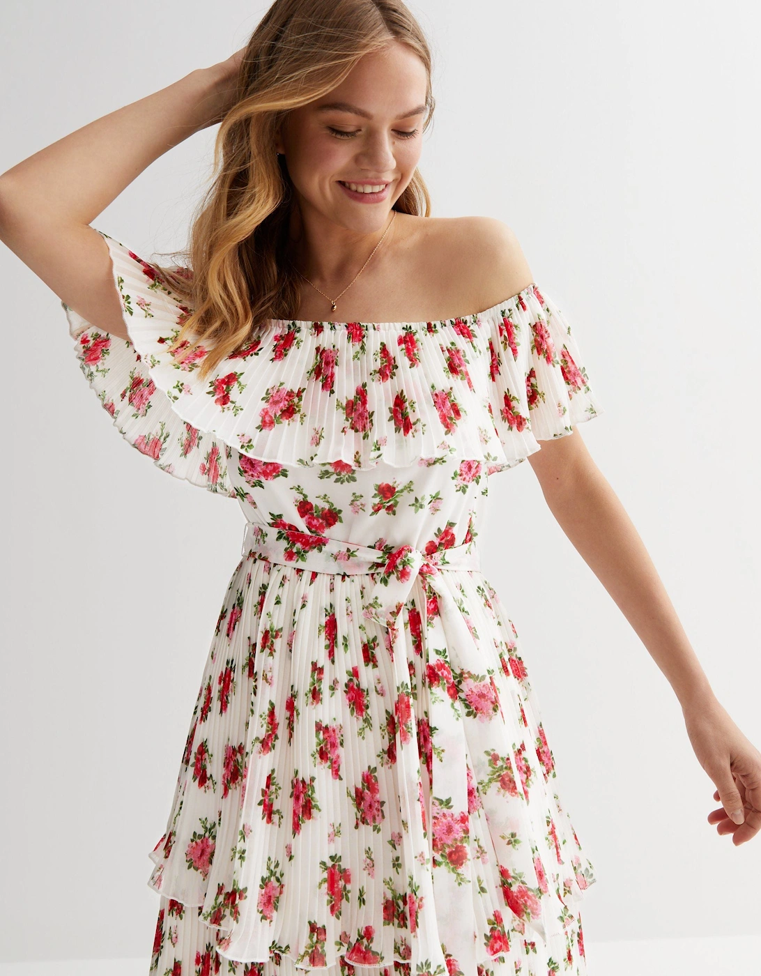 Ivory Rose Print Pleated Tiered Bardot Midaxi Dress