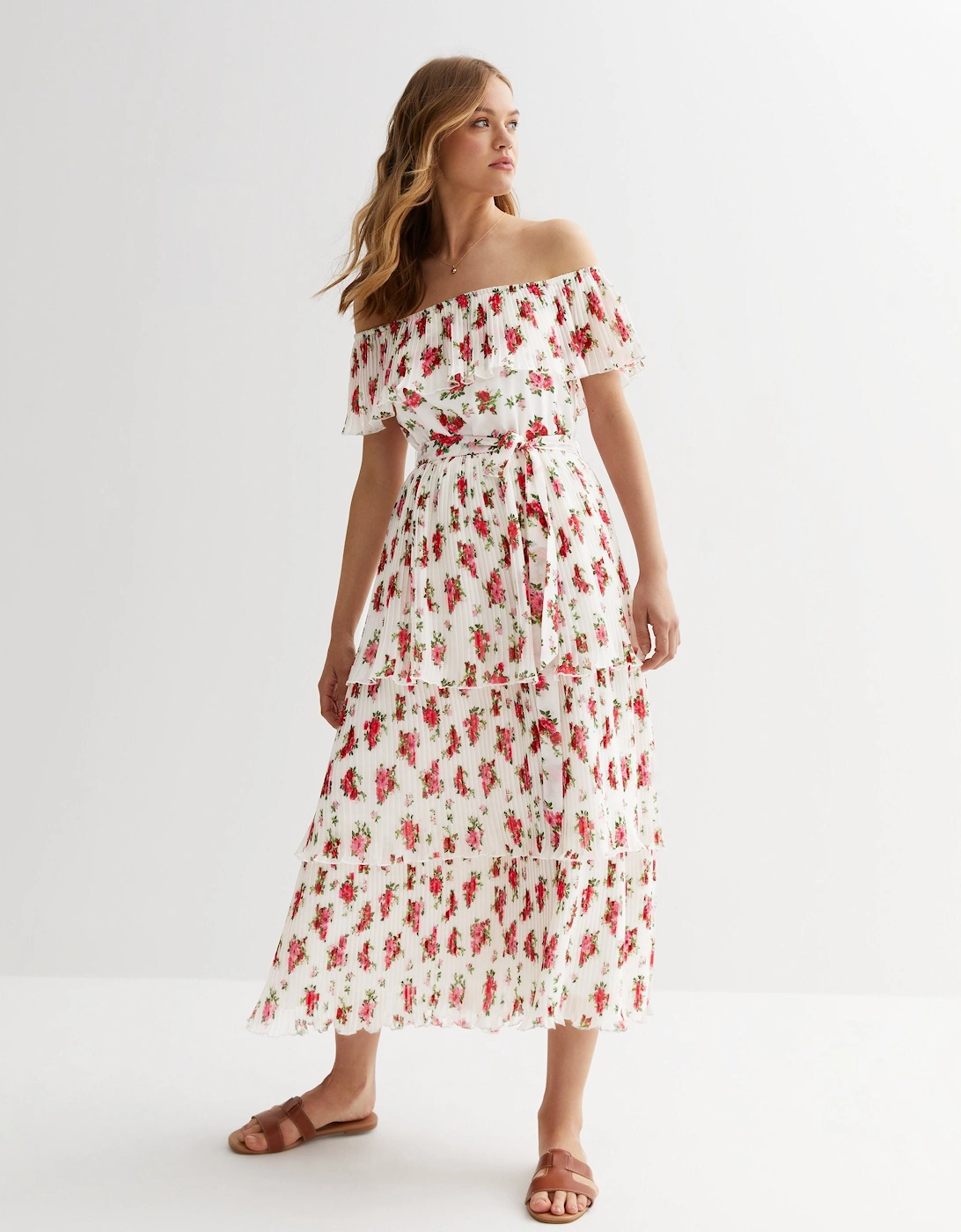 Ivory Rose Print Pleated Tiered Bardot Midaxi Dress, 5 of 4