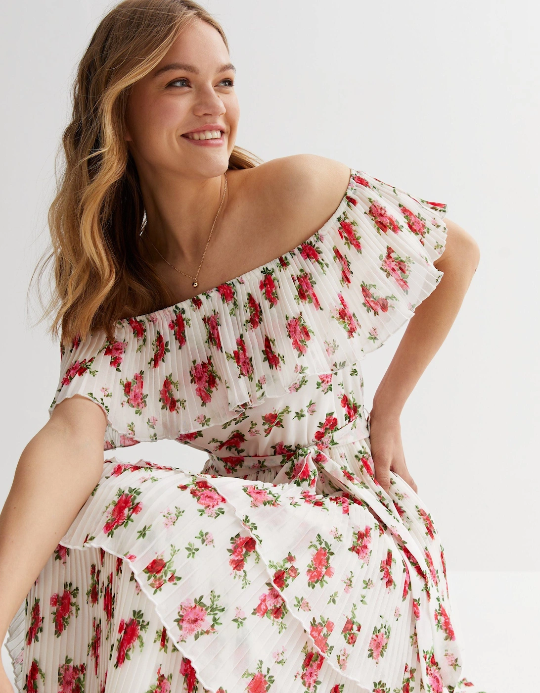 Ivory Rose Print Pleated Tiered Bardot Midaxi Dress