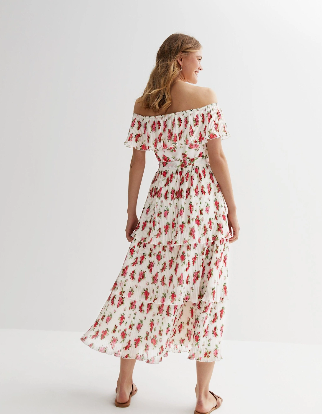 Ivory Rose Print Pleated Tiered Bardot Midaxi Dress