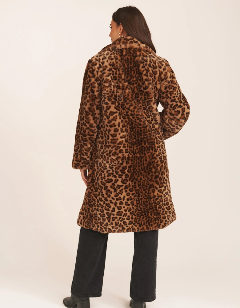 Brown Leopard Double Breasted Longline Faux Fur