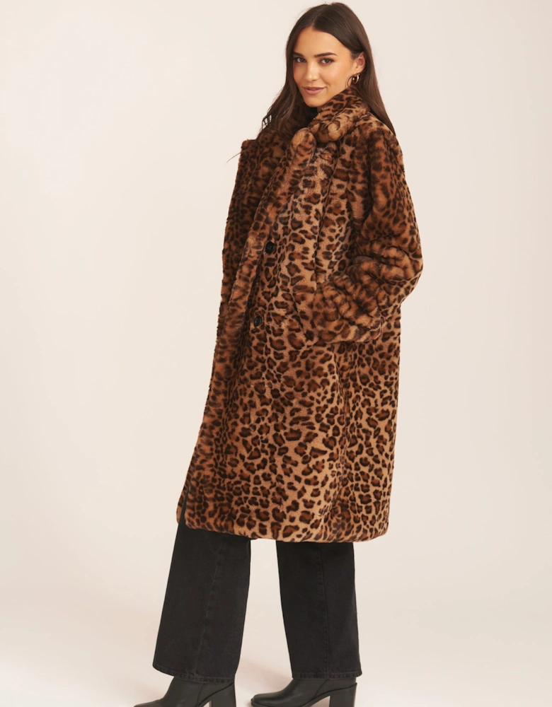 Brown Leopard Double Breasted Longline Faux Fur