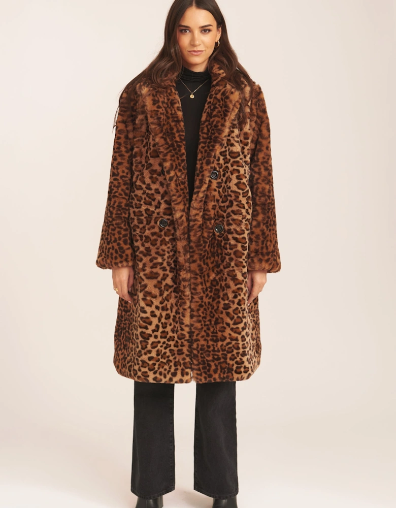 Brown Leopard Double Breasted Longline Faux Fur