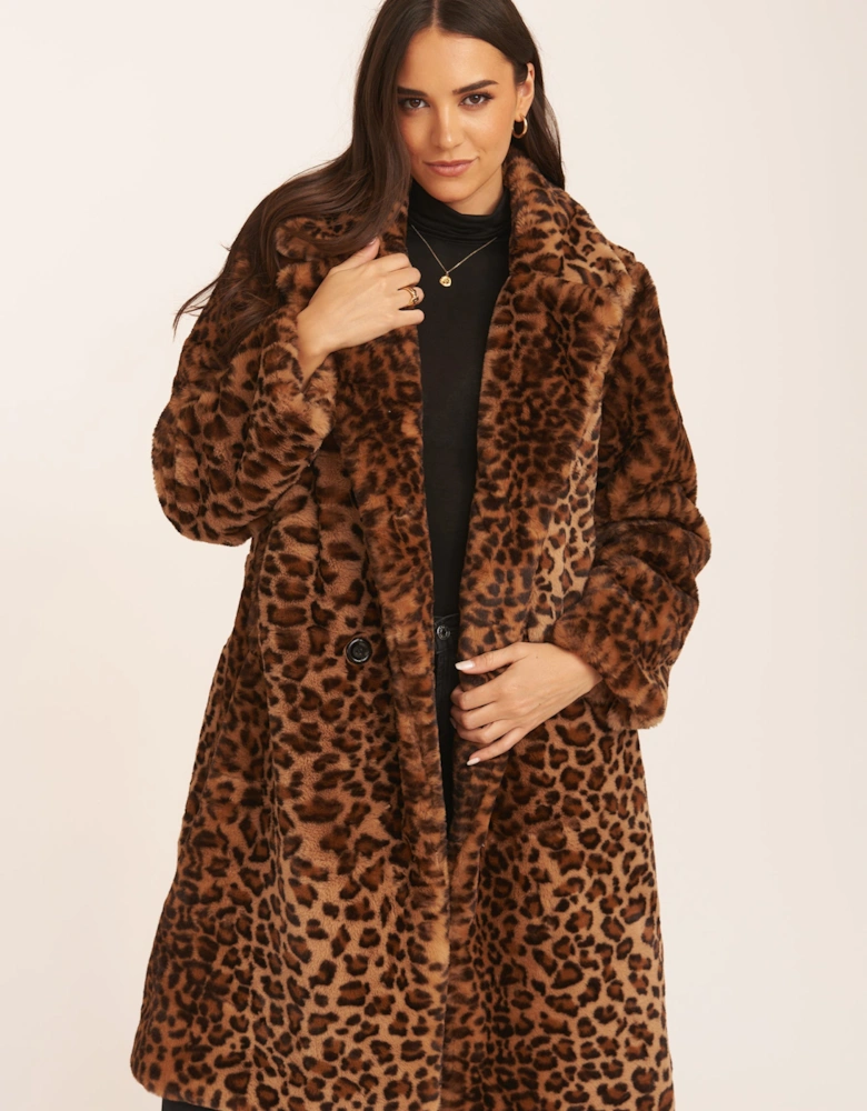 Brown Leopard Double Breasted Longline Faux Fur