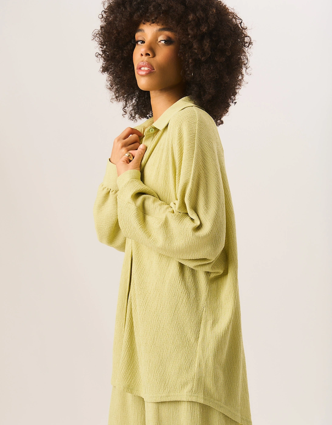 Green Textured Oversize Fit Long Sleeves Shirt