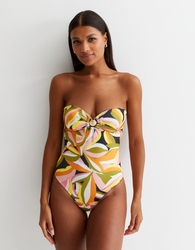 Multi Tropical Palm Swimsuit with Gold Shell Hardware