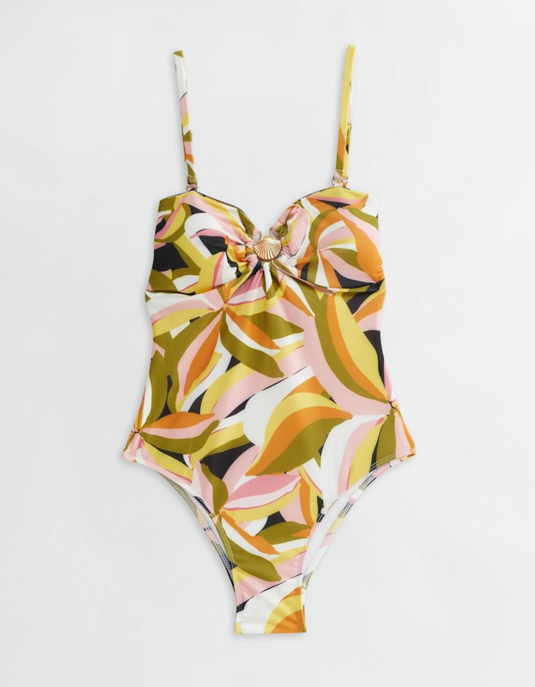 Multi Tropical Palm Swimsuit with Gold Shell Hardware