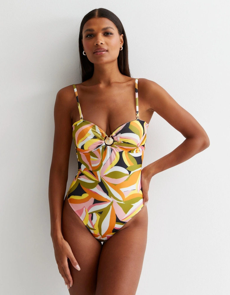 Multi Tropical Palm Swimsuit with Gold Shell Hardware