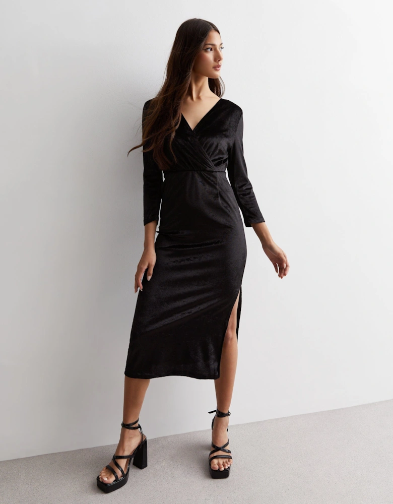 Black Velvet Wrap Top Midi Dress