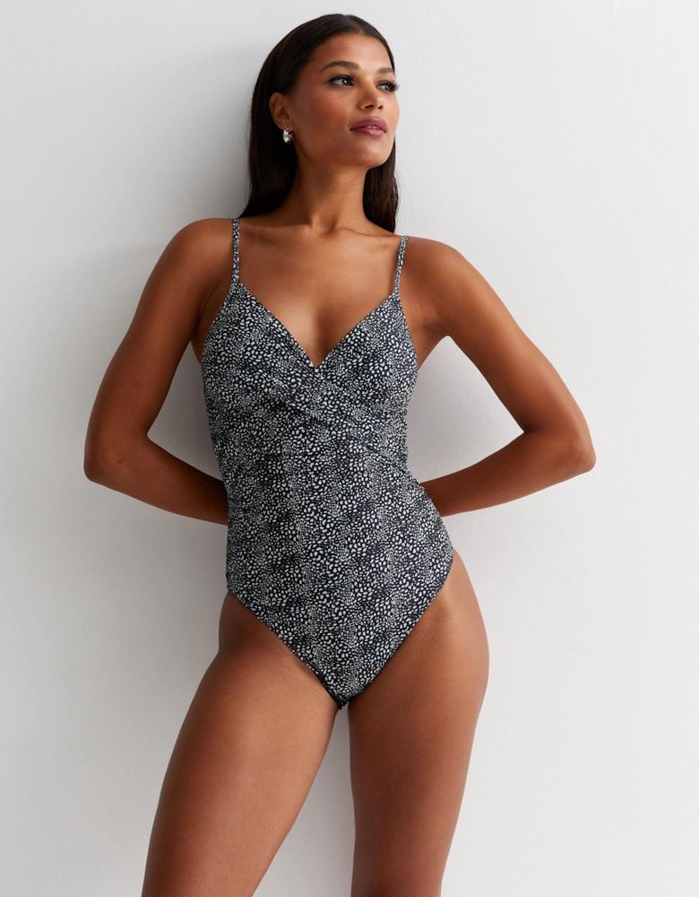 Black Animal Tummy Control Ruched Swimsuit