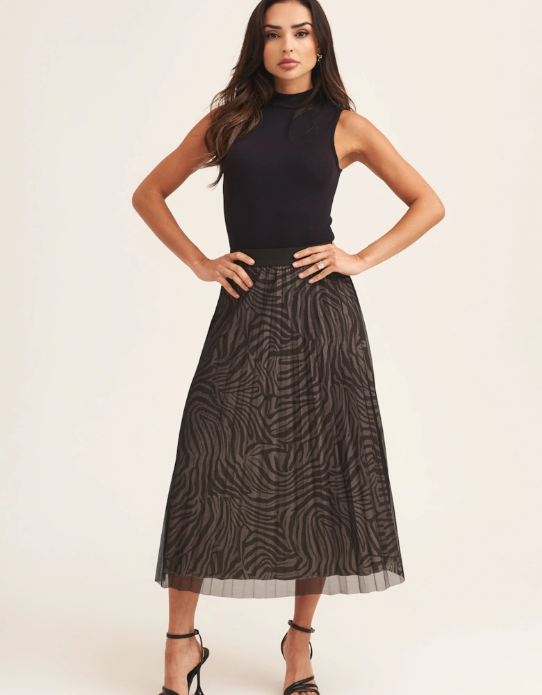 Black Animal Print Mesh Overlay Pleated Midi Skirt