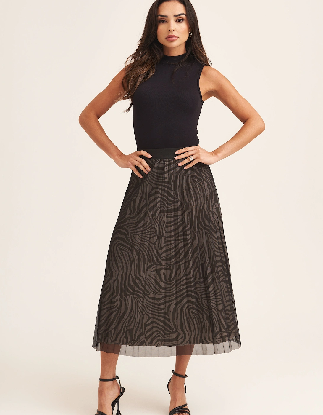 Black Animal Print Mesh Overlay Pleated Midi Skirt, 4 of 3