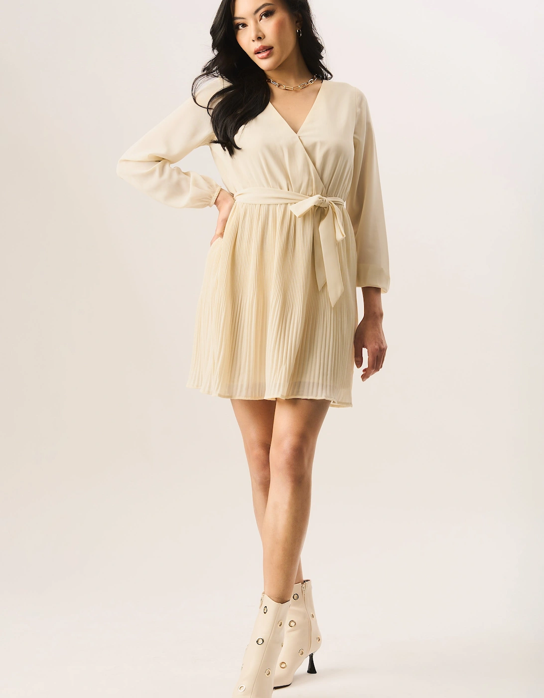 Cream Pleated Long Sleeve Wrap Mini Dress, 4 of 3
