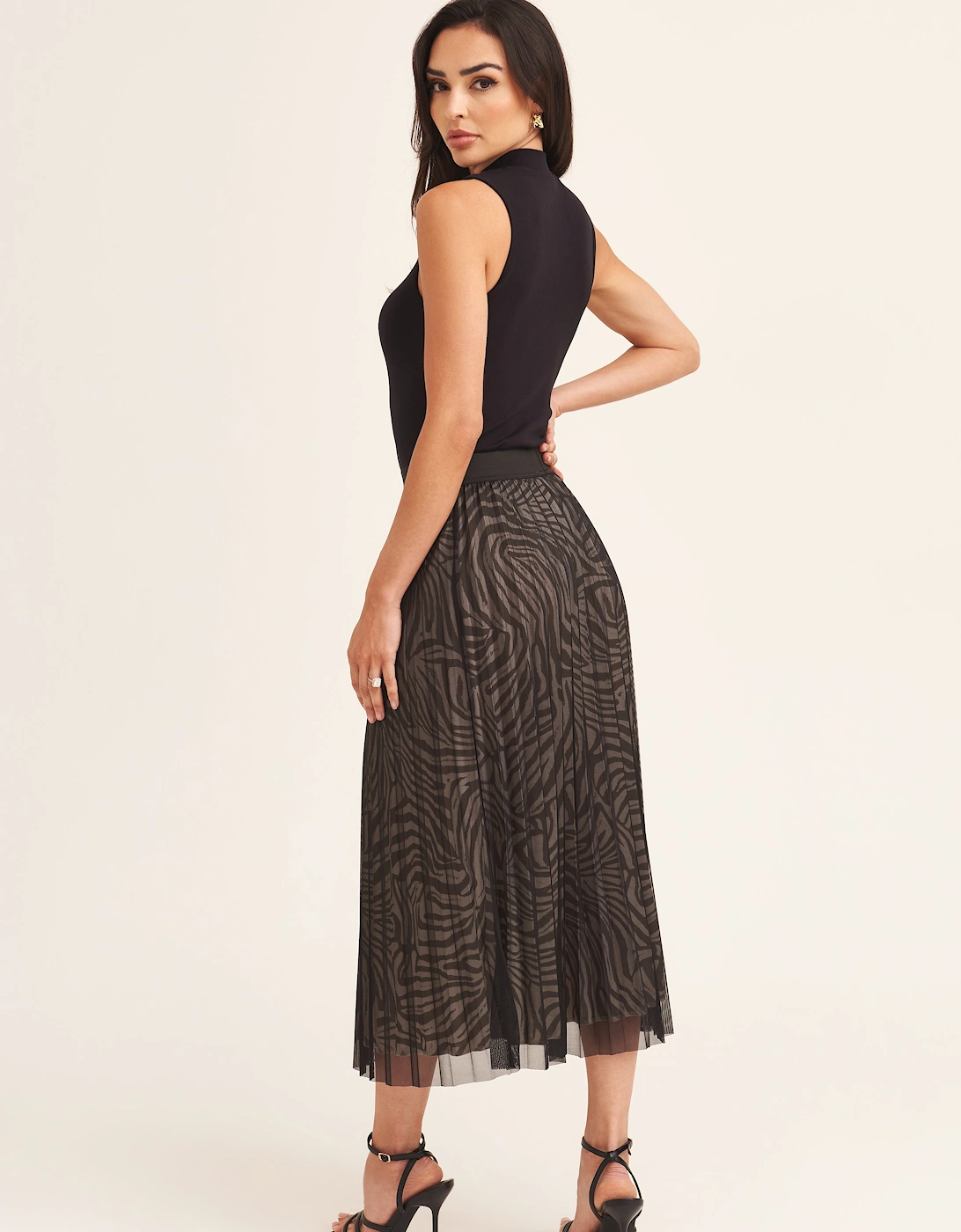 Black Animal Print Mesh Overlay Pleated Midi Skirt