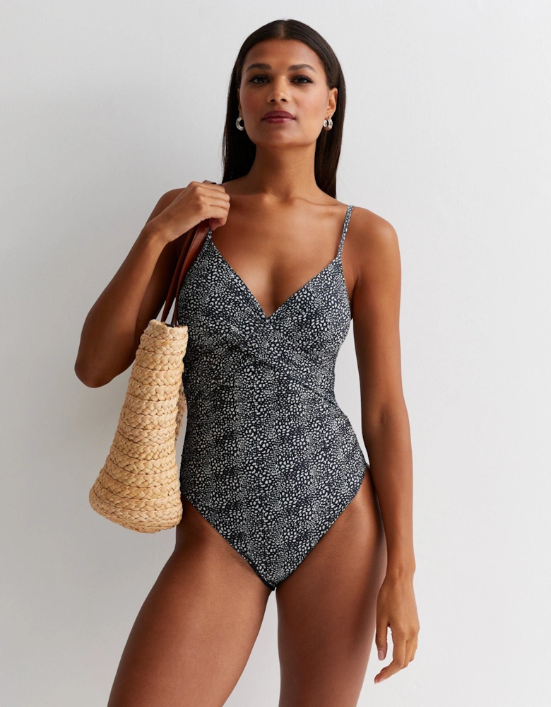 Black Animal Tummy Control Ruched Swimsuit