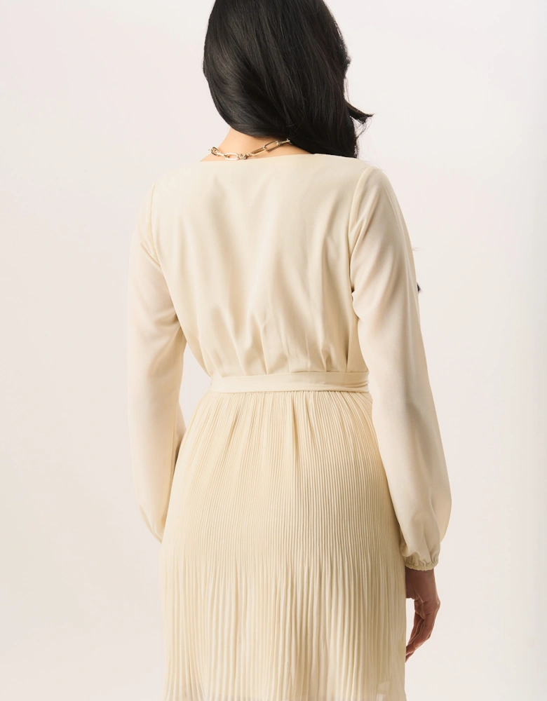Cream Pleated Long Sleeve Wrap Mini Dress