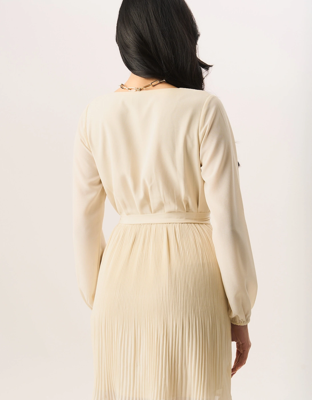 Cream Pleated Long Sleeve Wrap Mini Dress