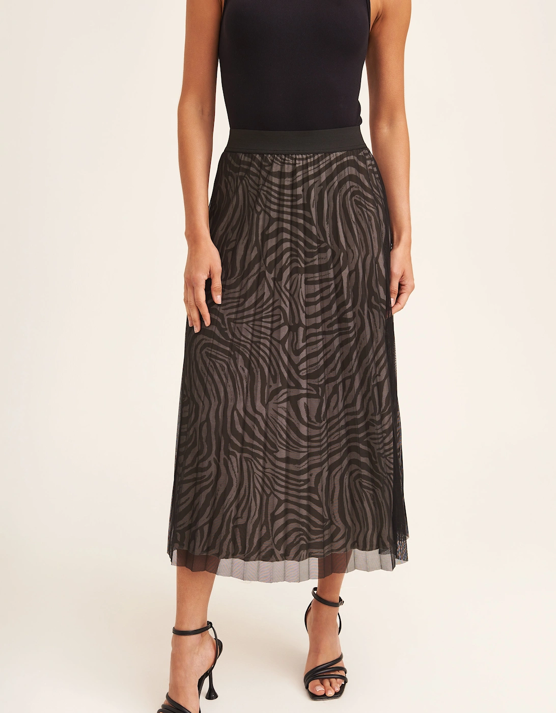 Black Animal Print Mesh Overlay Pleated Midi Skirt