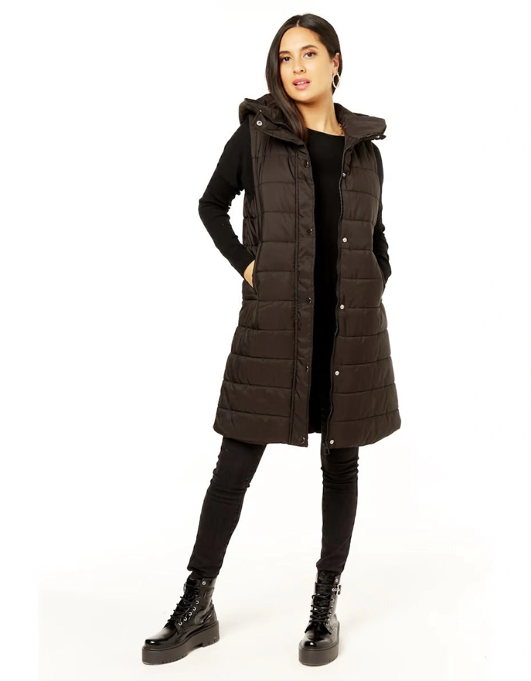 Black Longline Padded Hooded Gilet, 5 of 4