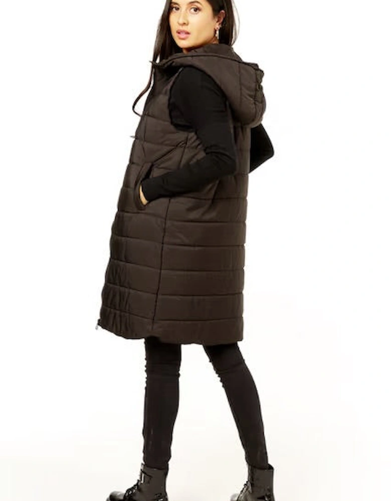 Black Longline Padded Hooded Gilet