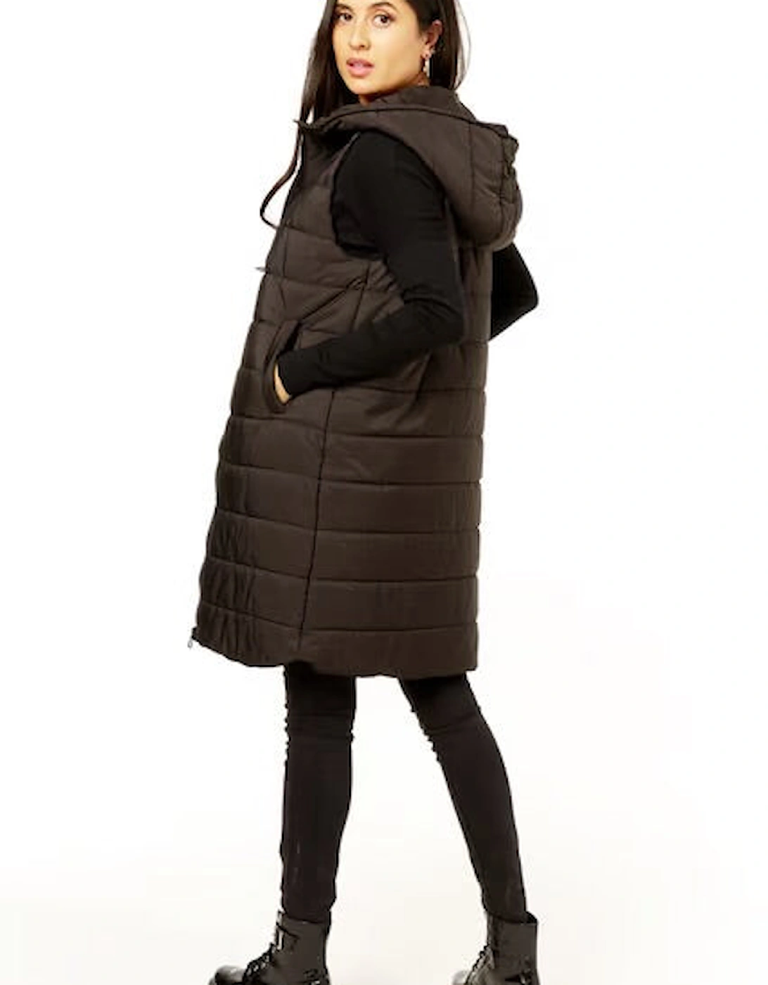 Black Longline Padded Hooded Gilet